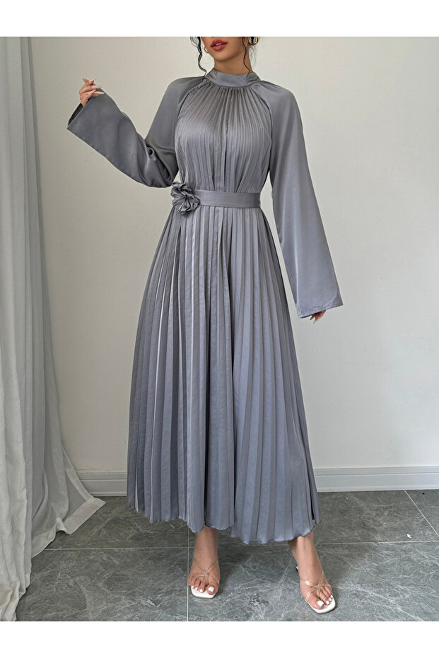 Grey Pleated Midi Dress with Flower Detail