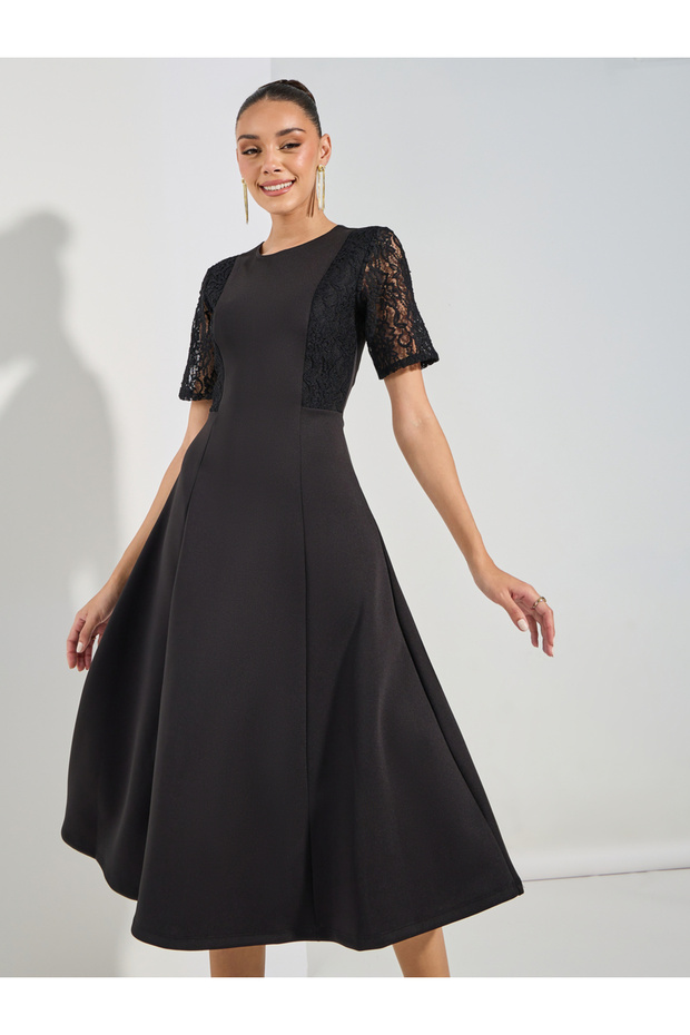 Lace Insert Sleeve Flared Midi Dress