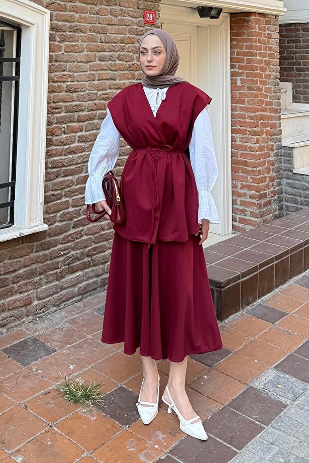 Vest-Skirt Two-Piece Hijab Suit Burgundy