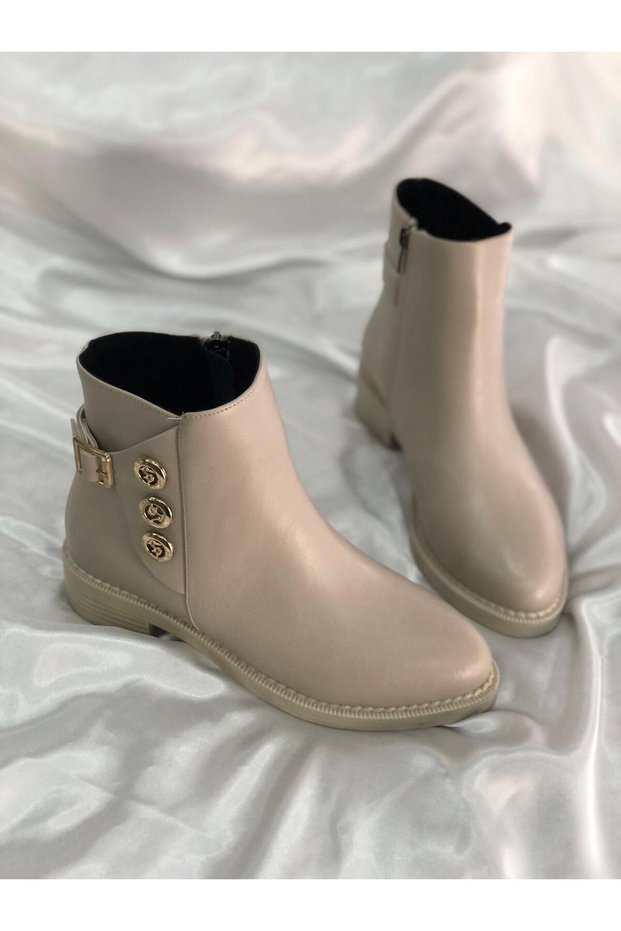 Vicky Beige 3 cm Daily Note-Detail Buckle Women's Boots