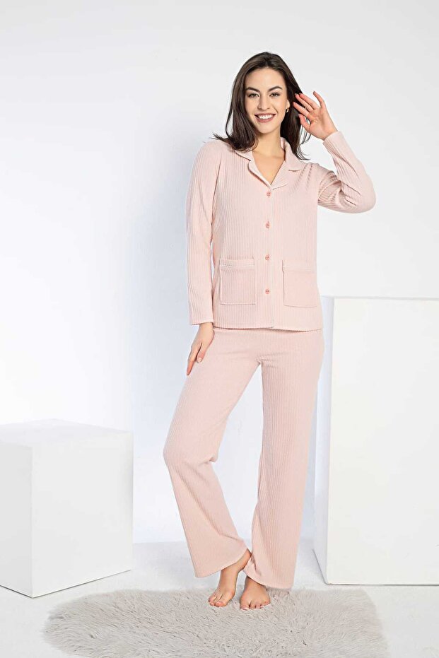 840-639 Corded Fabric Front Buttoned Long Sleeve Pajama Set