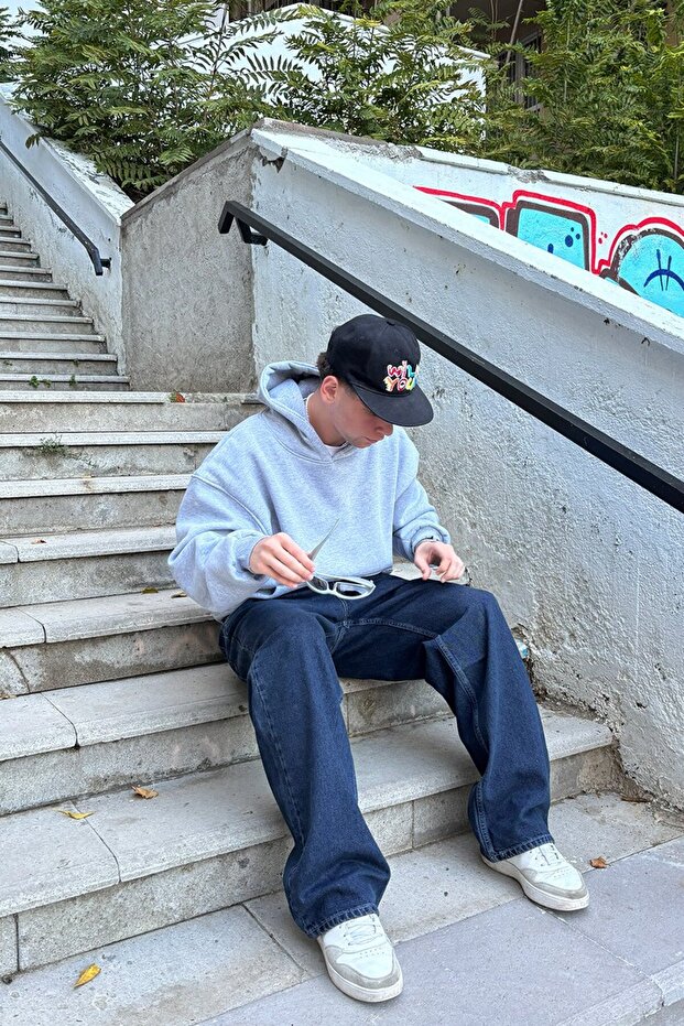 Oversize Basic Hoodie - Gri - 3