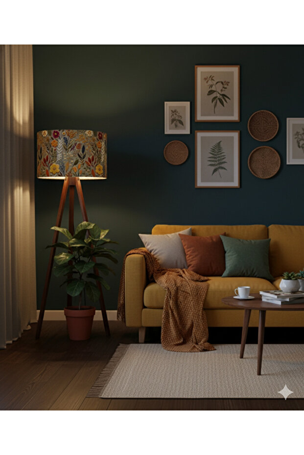 El Yapımı Sonbahar Çiçekleri Desenli Kumaş Tripod Ayaklı Lambader - 4