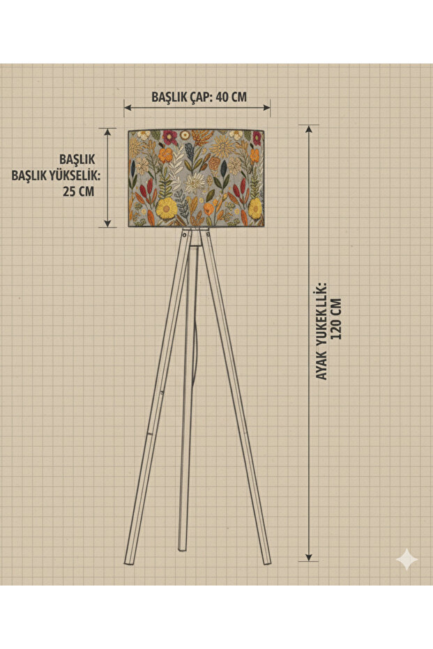 El Yapımı Sonbahar Çiçekleri Desenli Kumaş Tripod Ayaklı Lambader - 7