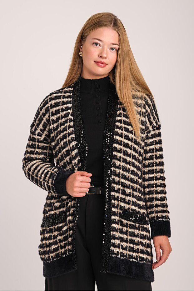 Women's Black Sand Sequin Detailed Patterned Pocketed Knitwear Cardigan