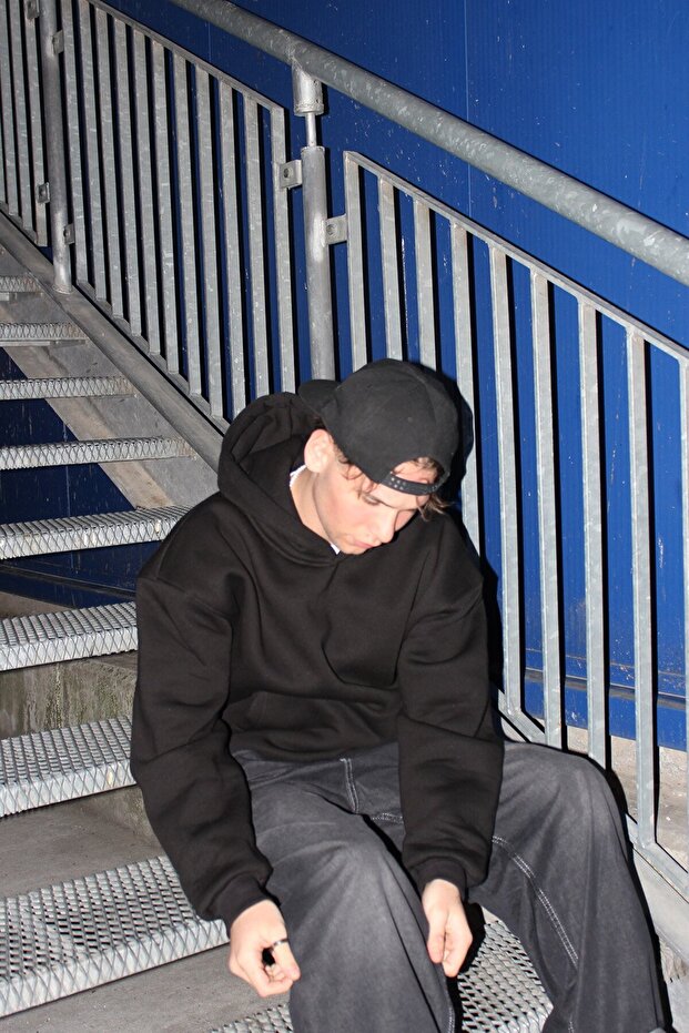 Oversize Basic Hoodie - Siyah - 5