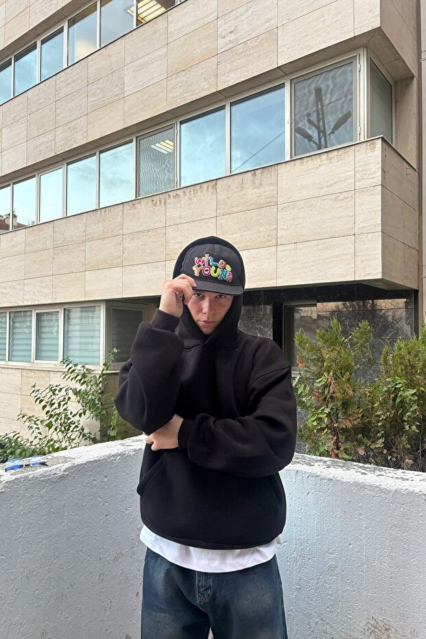 Oversize Basic Hoodie - Siyah - 2