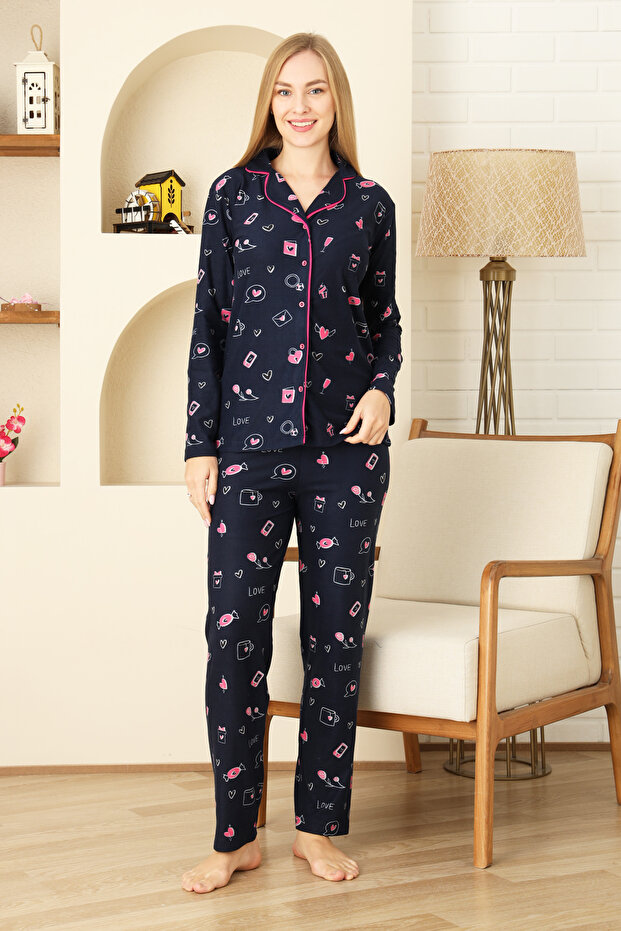 Women's Pajama Set with Peter Pan Collar - Printed and Button Closure - 100% Cotton 12353