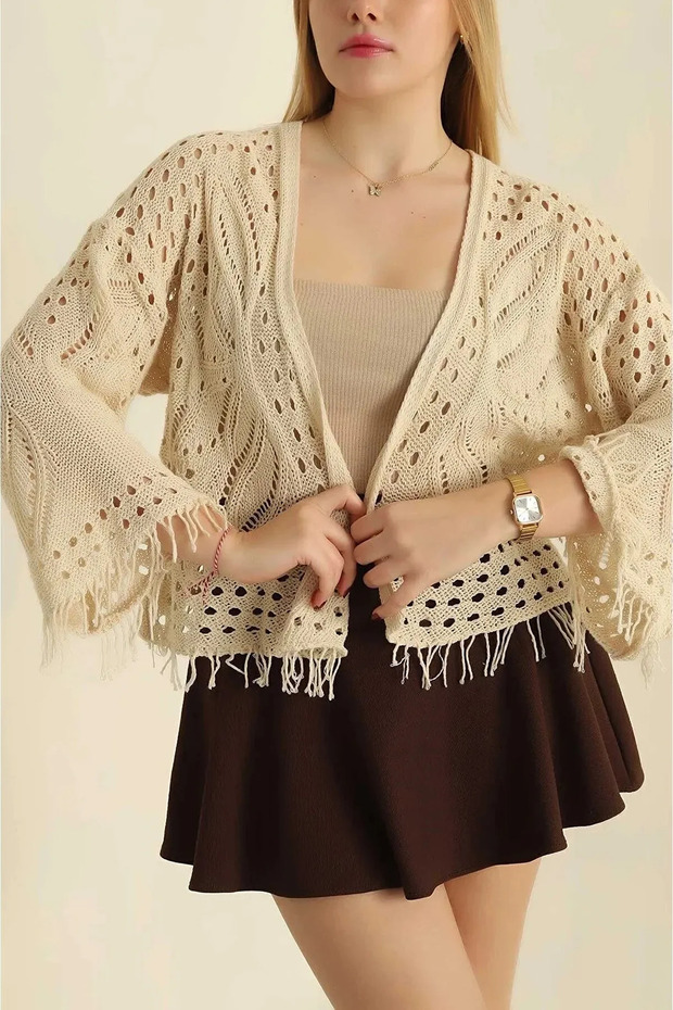 Women's Tasseled Patterned Open-Front Seasonal Knitwear Cardigan 100% Cotton