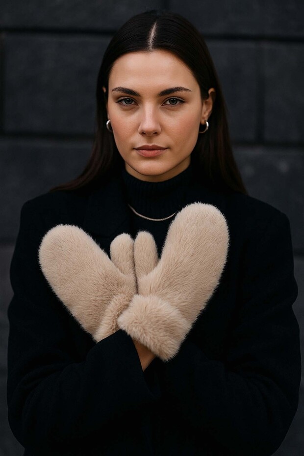 Kadın Peluş Eldiven ELD-32 Bej - 3