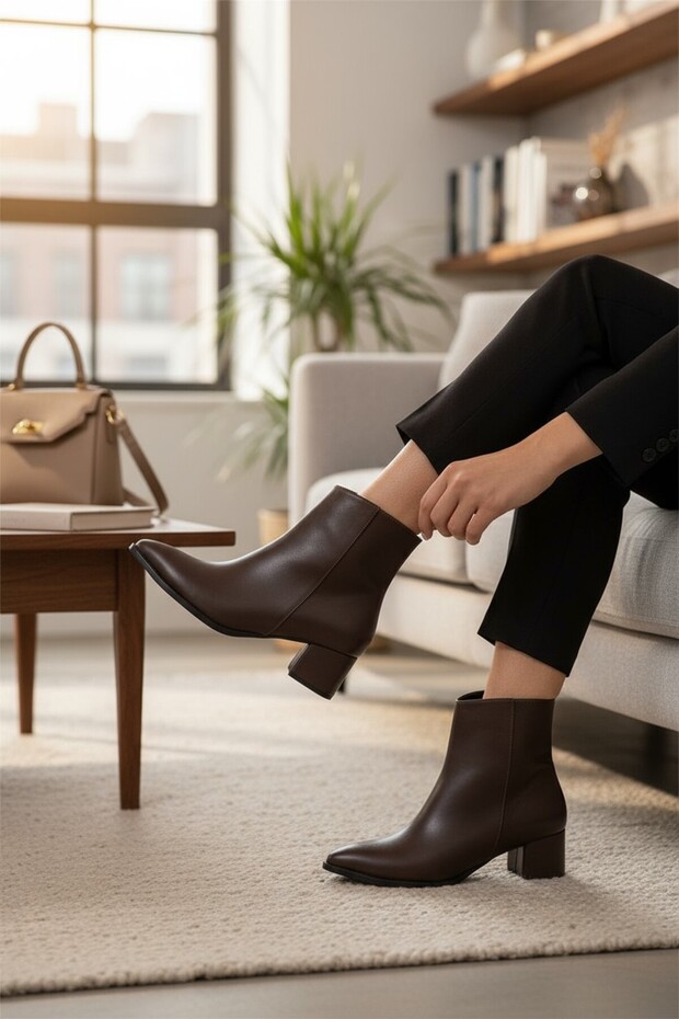 Popin Aci Brown Zippered Women's Pointed Toe Half Boots