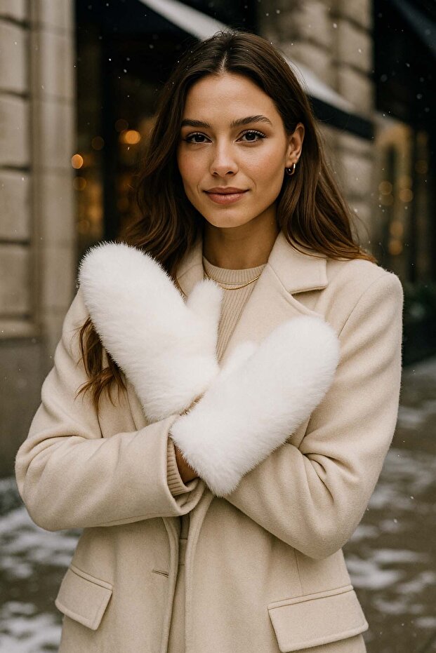 Kadın Peluş Eldiven ELD-32 Ekru - 4