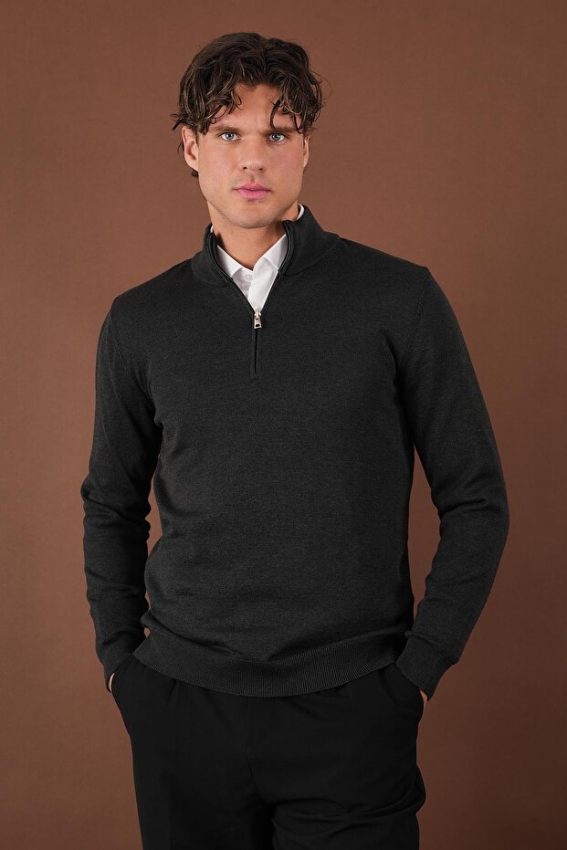 Zippered Stand Collar Sweater