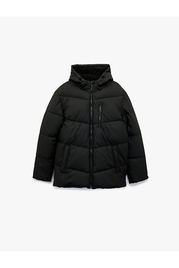 Hooded Long Sleeve Zipper Pocket Detailed Winter Puffer Coat