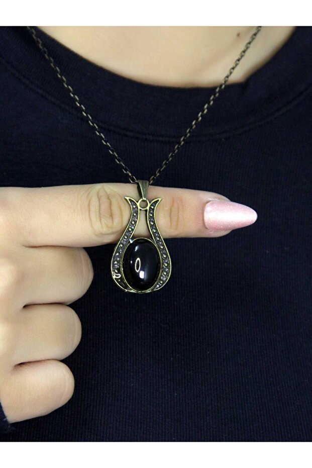 Natural Stone Onyx Natural Stone Tulip Model Antique Women's Necklace Euk44O