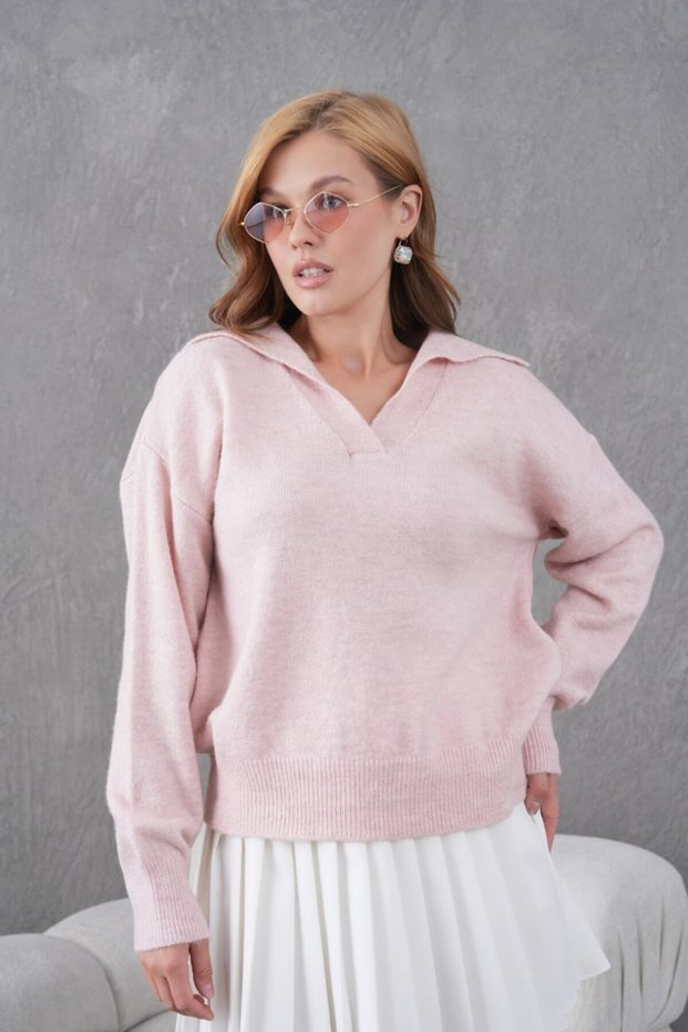 Basic Soft Textured Oversized Polo Neck Knitwear Sweater Aw25Kz0074