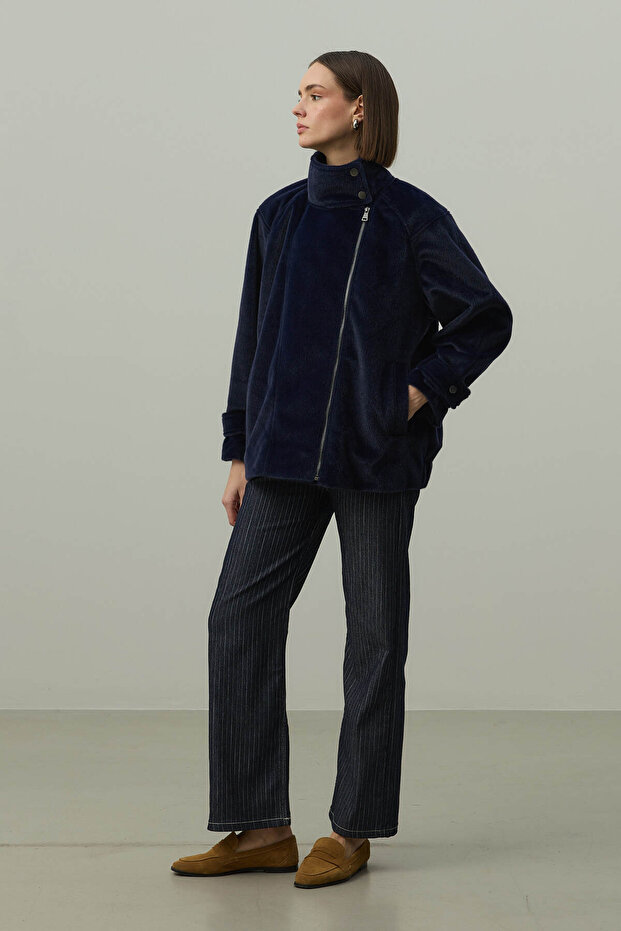 Oversize Biker Ceket Lacivert - 3