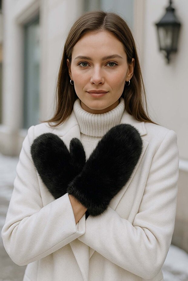 Kadın Peluş Eldiven ELD-32 Siyah - 3