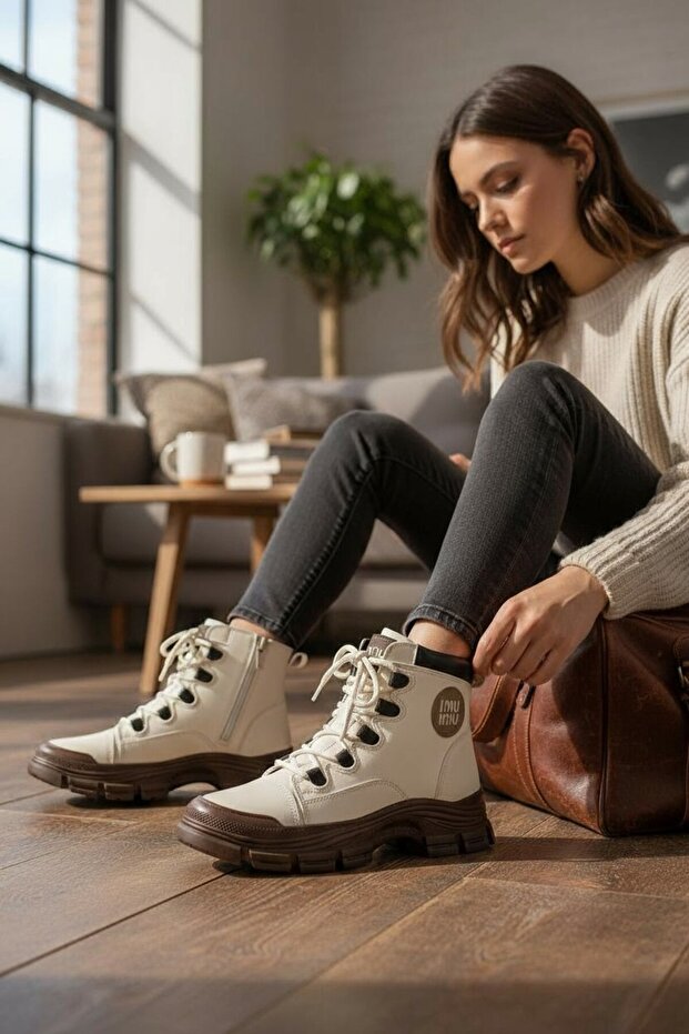 Conpax 5967 Beige Brown Women's Zippered & Lace-Up Boots