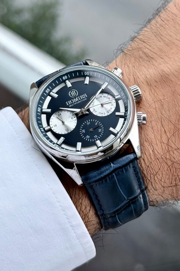 Guaranteed with Calendar Navy Blue Leather Cord Men's Wrist Watch with Bracelet Gift Hmnd8C2