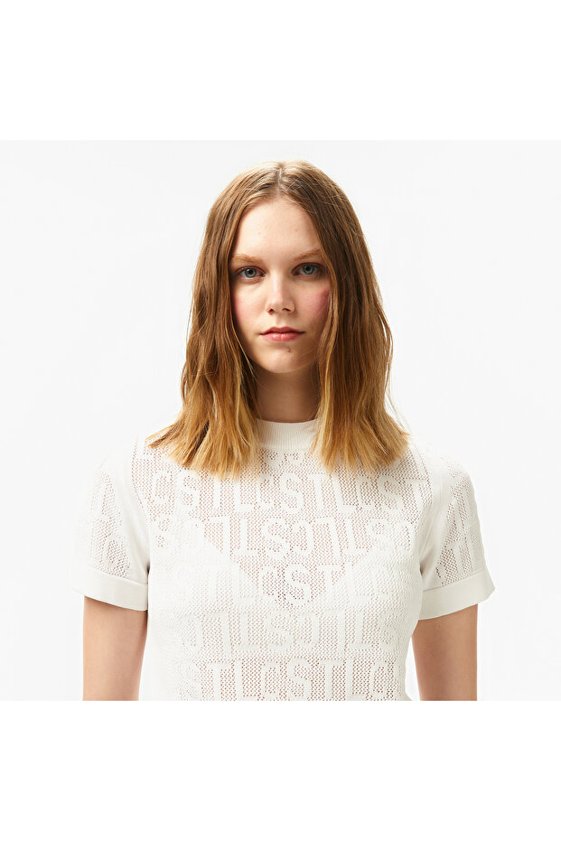 Kadın Kısa Kollu Bisiklet Yaka Desenli Beyaz Triko - 2