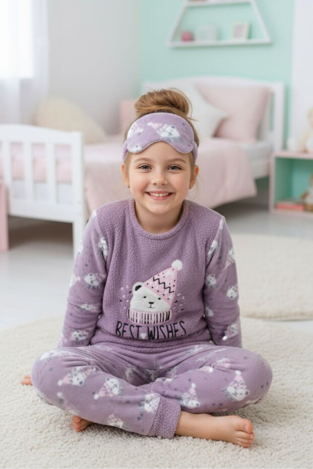 Warm, Non-Sweaty, Teddy Bear Embroidered, Welsoft, Fleece Girls' Pajama Set