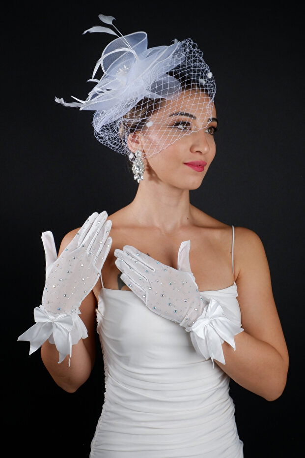 Crystal Stone Bowknot Tulle Gloves Bridal Wedding Cap Accessory and Wedding Set