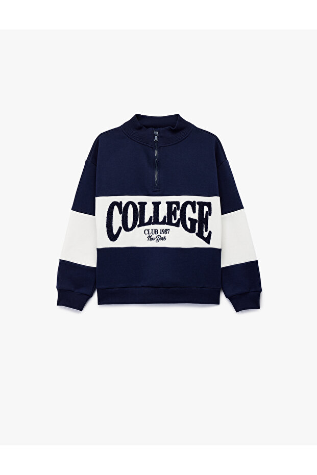 Long Sleeve Half Zipper Mock Neck Embroidered Fleece-Lined Oversized Sweatshirt