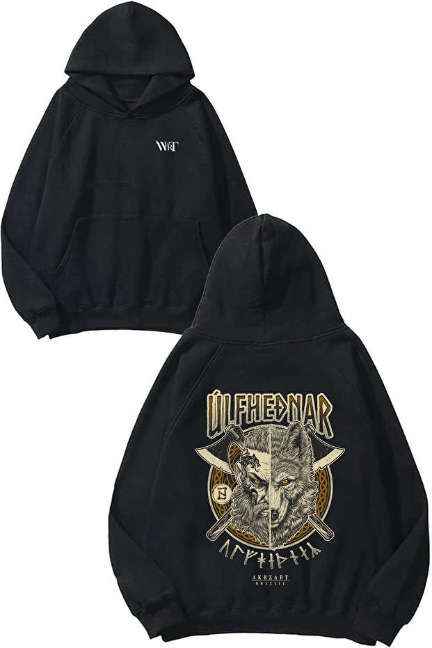 سترة Ulfhednar Wolfman Viking Design رقم مطبوع باللون الأسود بغطاء رأس