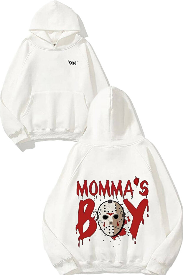 سويت شيرت Mommas Boy Design Back مطبوع باللون الأبيض بغطاء رأس