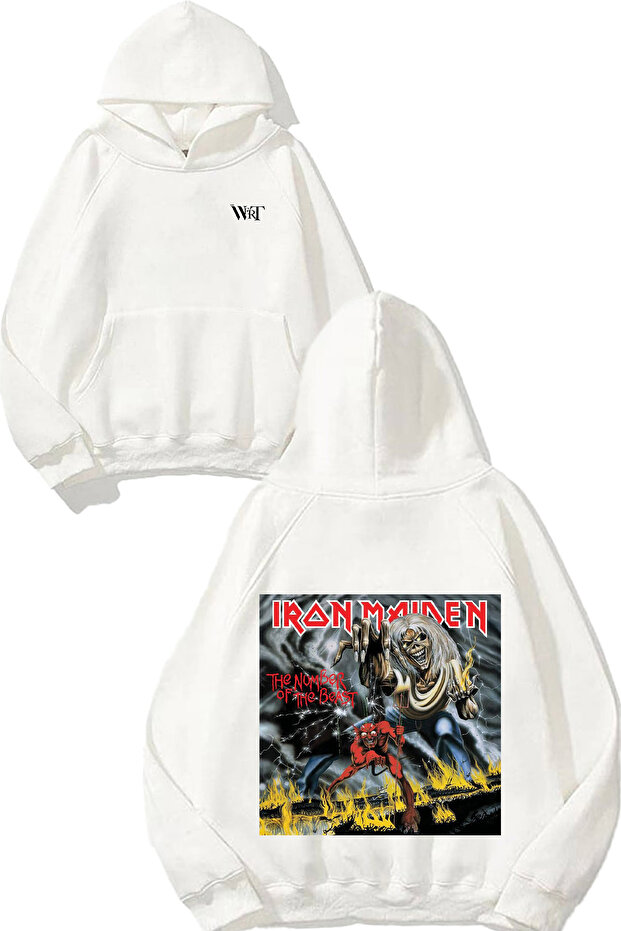 Iron Maiden the Number Design Back Printed White Hooded Sweatshirt