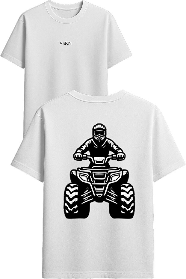 Man Riding an Atv Design Printed White Oversized T-Shirt