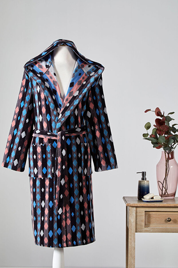 Hawaiian Mosaic Velvet Hooded Bathrobe