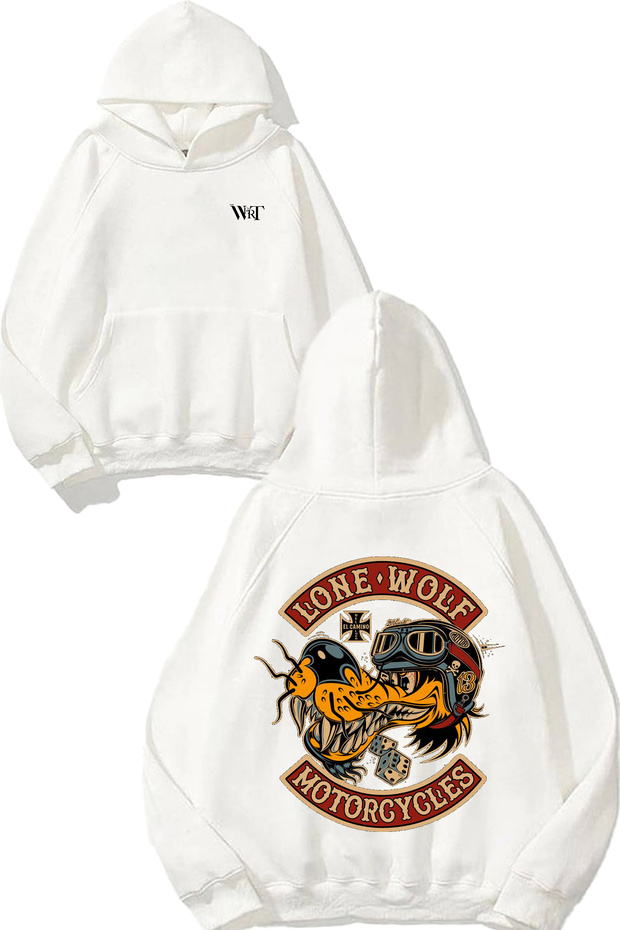 Lone Wolf Motorcycles Design Back Printed White Hooded Sweatshirt
