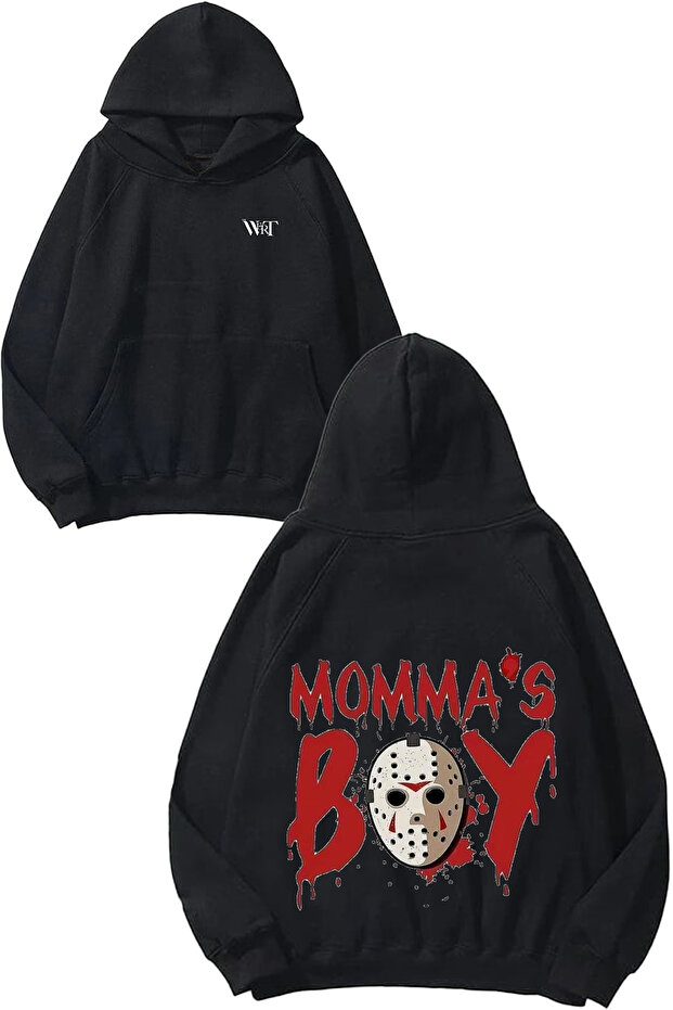 Mommas Boy Design Backpack Printed Black Hooded Sweatshirt