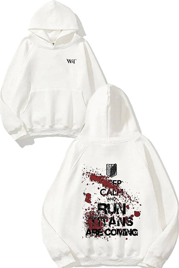 سويت شيرت Attack On Titan Run Titans Design Back مطبوع أبيض بغطاء رأس