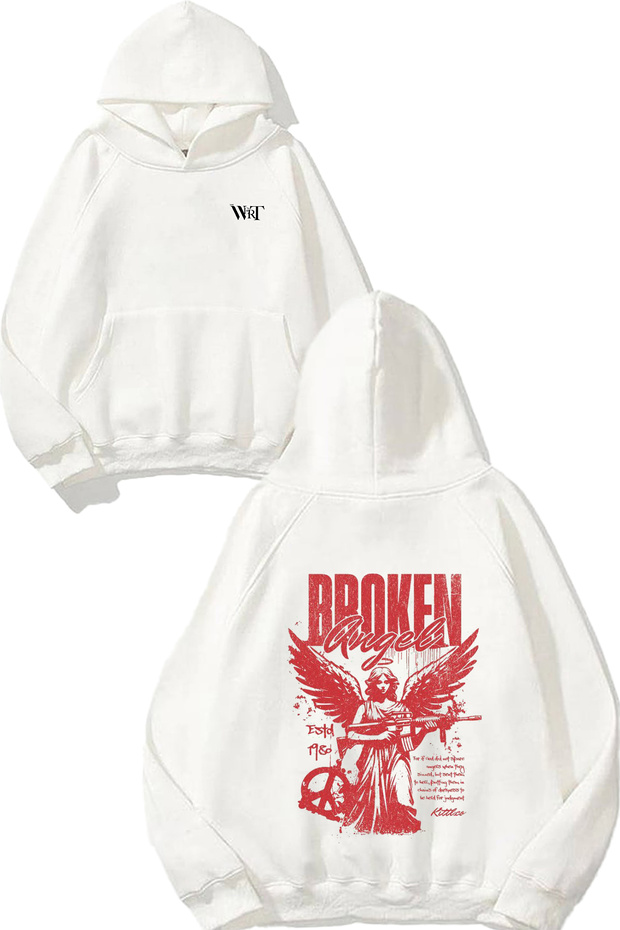 Broken Angel Design Back Printed White Hooded Sweatshirt