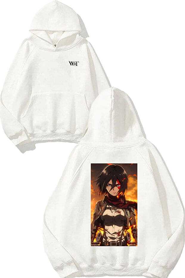 Mikasa Ackerman Burning Design Back Printed White Hooded Sweatshirt
