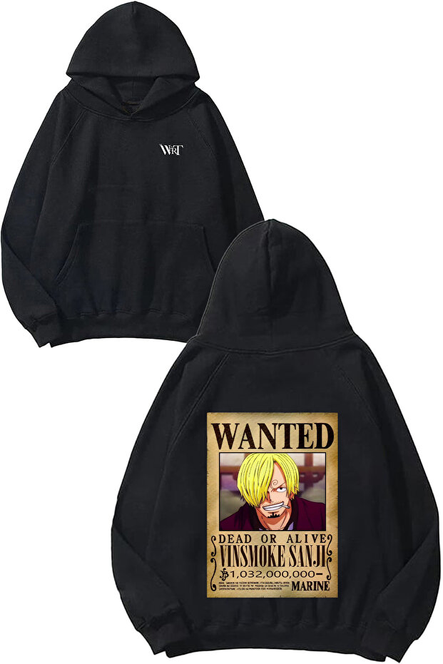 One Piece Sanj Wanted Design Backpack Printed Black Hooded Sweatshirt