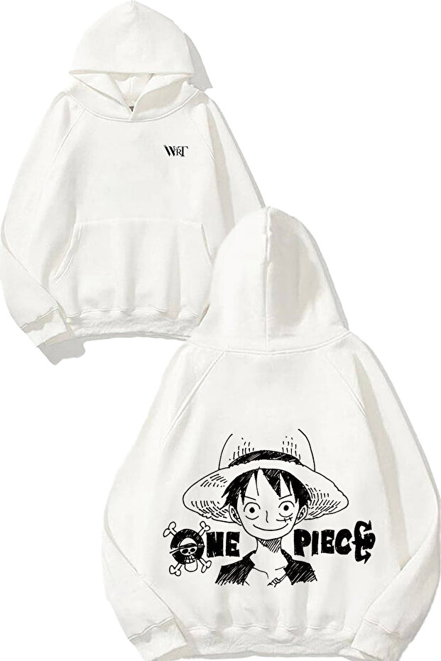 سويت شيرت One Piece Luffy1 Design Back مطبوع أبيض بغطاء رأس