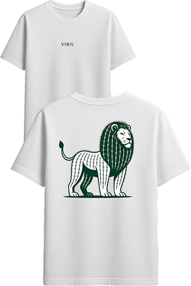 Lion Cactus Design Printed White Oversized T-Shirt