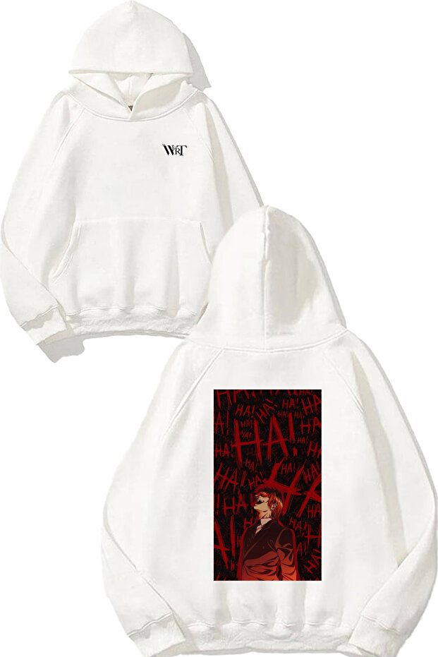 سويت شيرت Death Note Kira Ha Ha Design Back مطبوع أبيض بغطاء رأس