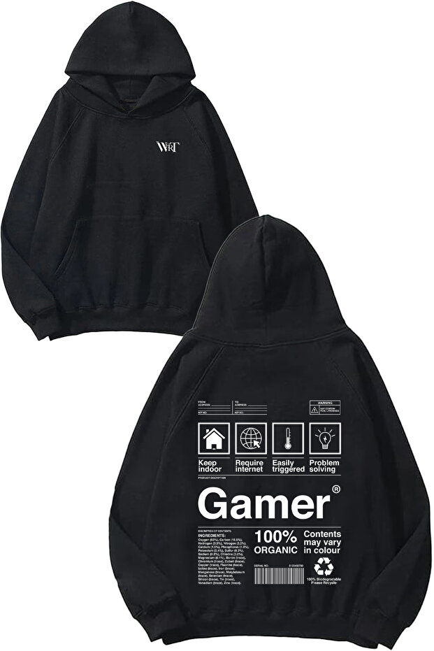 سترة Gamer Design مطبوع باللون الأسود بغطاء رأس