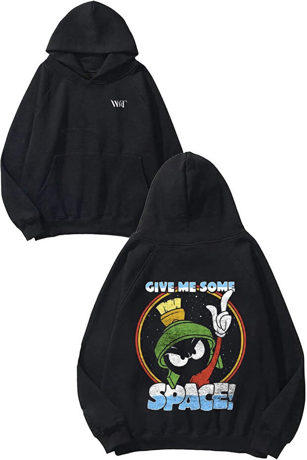 Space Give Me Some Design Back Printed Black Hooded Sweatshirt