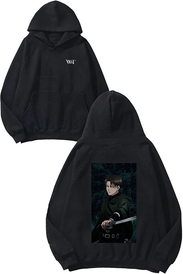 سويت شيرت Attack On Titan Levi4 Design Back مطبوع أسود بغطاء رأس