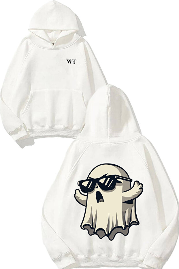 Cool Ghost Design Backpack Printed White Hooded Sweatshirt