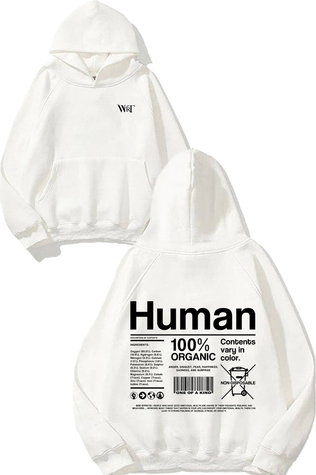 سويت شيرت Human Design Back مطبوع أبيض بغطاء رأس