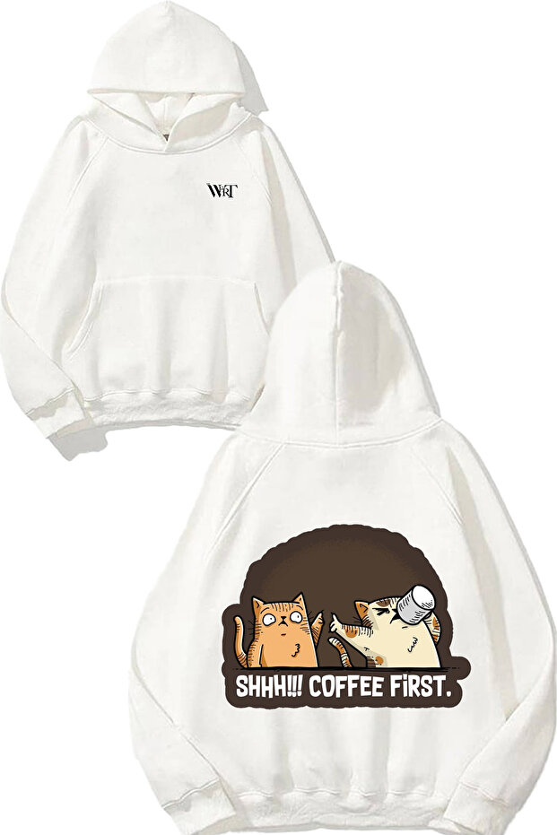 سويت شيرت Shhh Coffee First Design Back مطبوع أبيض بغطاء رأس