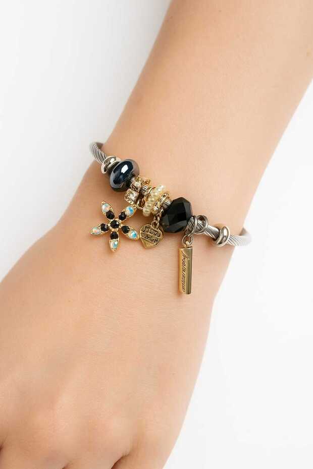 Women's Silver Bracelet Decorated with Crystal Flower Pendant and Luxurious Black and Gold Beads