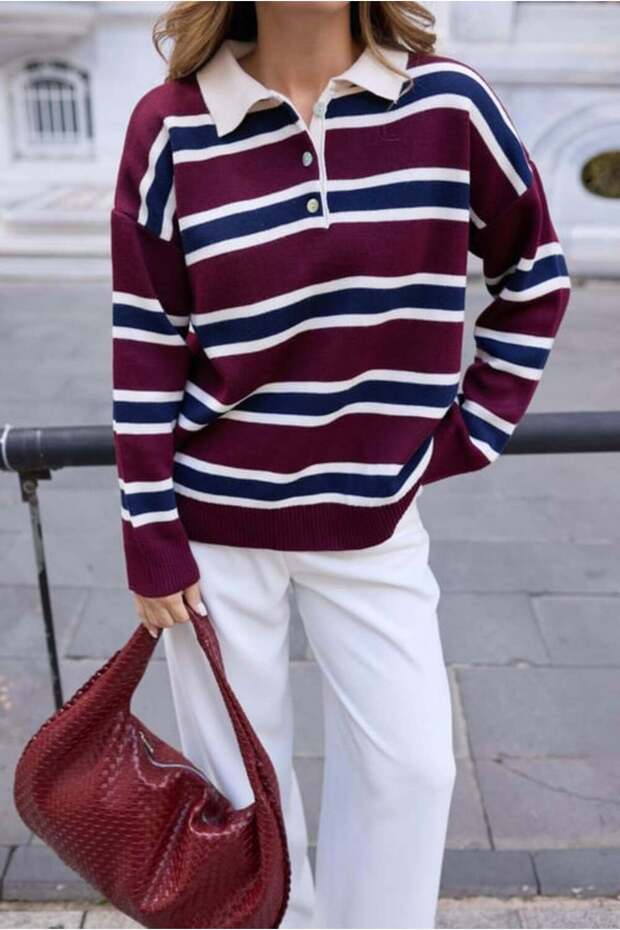 Polo Neck Striped Oversize Knitwear Sweater